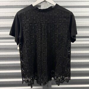 SACAI black cotton blend STAR + CROSS patchwork back panel t-shirt